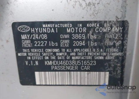 2008 Hyundai Elantra Gls/Se из США, поврежденный, VIN KMHDU46D38U516523